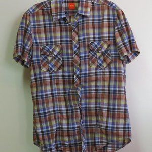 Vintage BOSS orange label short sleeve snap button up Large Size